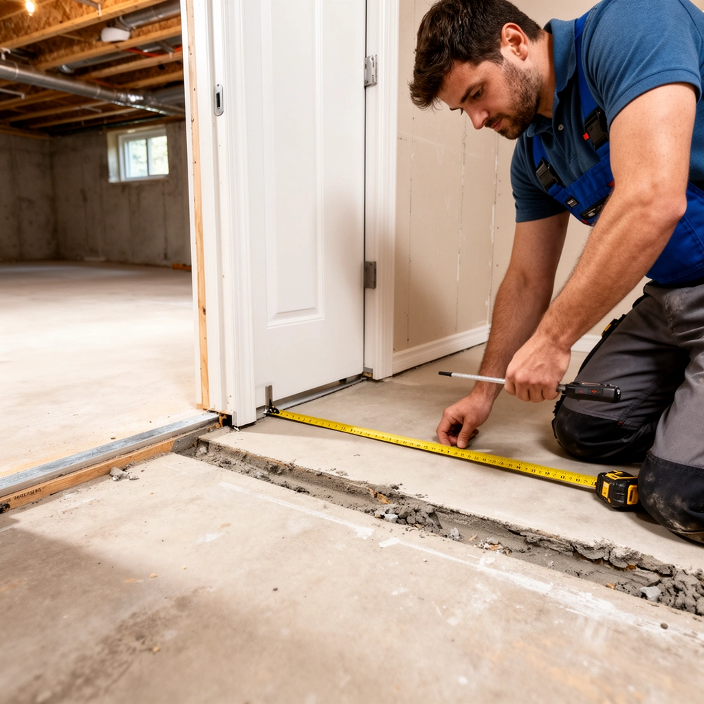 A person measuring a door opening to plan cut lines for basement flooring installation.