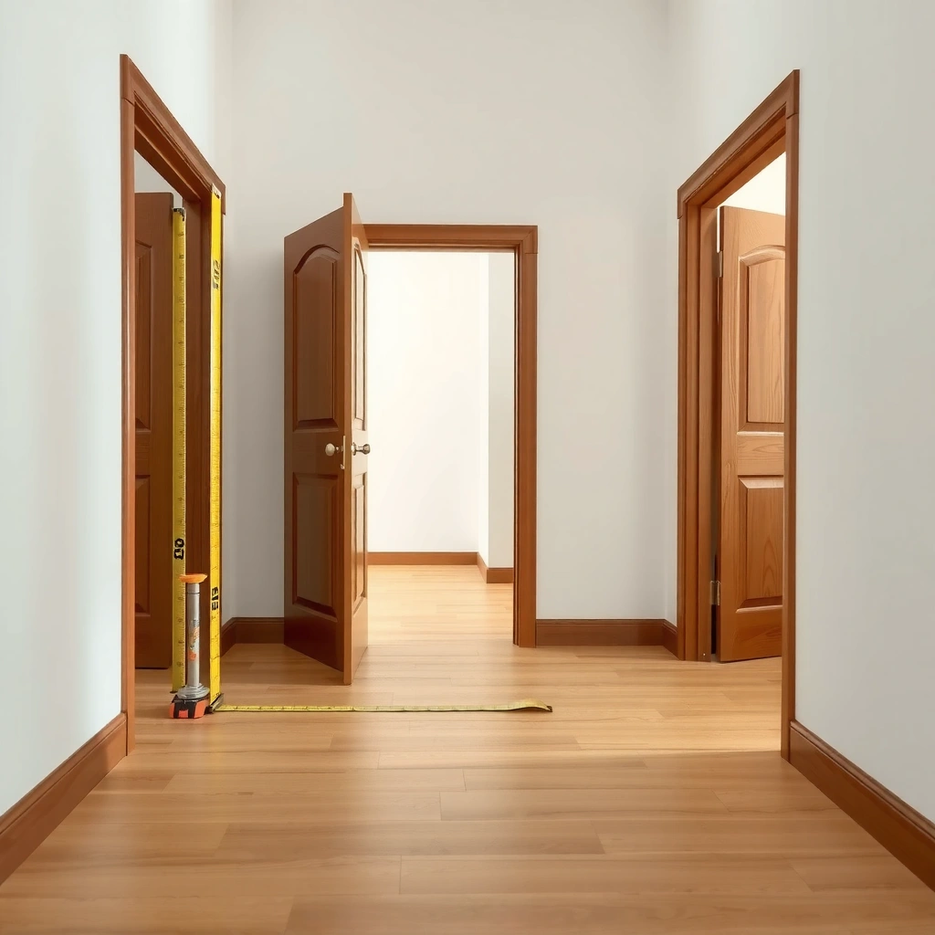 Measuring door openings and planning laminate floor layout for installation.
