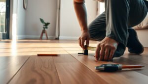 A person measuring engineered wood floors in a living room for accurate installation.