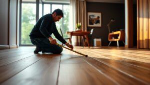 A person measuring engineered wood floors in a dining room for accurate installation.