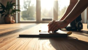 A person measuring engineered wood floors for a sunroom installation.