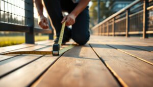 Person measuring engineered wood floors for an outdoor walkway installation.