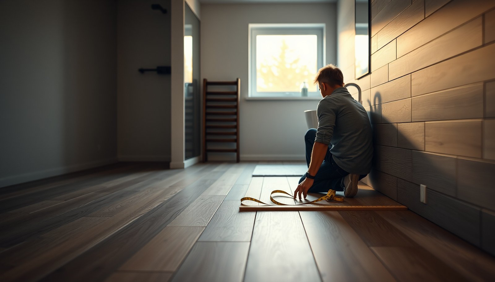 A person measuring engineered wood floors for a bathroom installation with a tape measure.