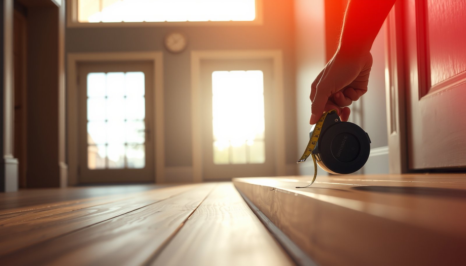 A person measuring engineered wood floors in an entryway for accurate installation.