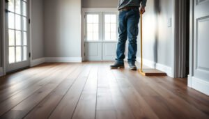 A person measuring engineered wood floors for a mudroom installation.