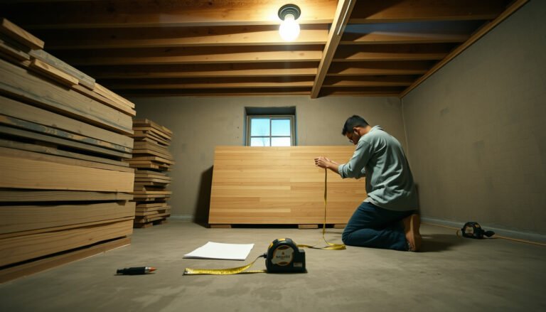 A person measuring engineered wood floors in a basement for accurate installation.