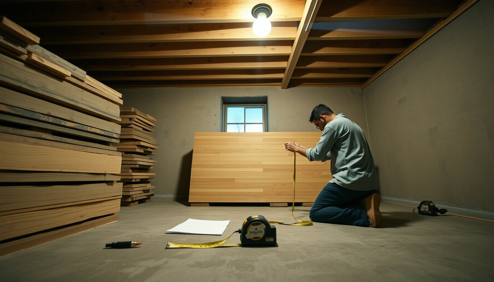 A person measuring engineered wood floors in a basement for accurate installation.