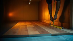 Step-by-step guide on measuring engineered wood floors for a garage installation.