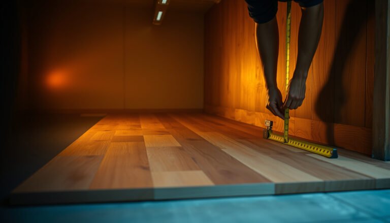 Step-by-step guide on measuring engineered wood floors for a garage installation.