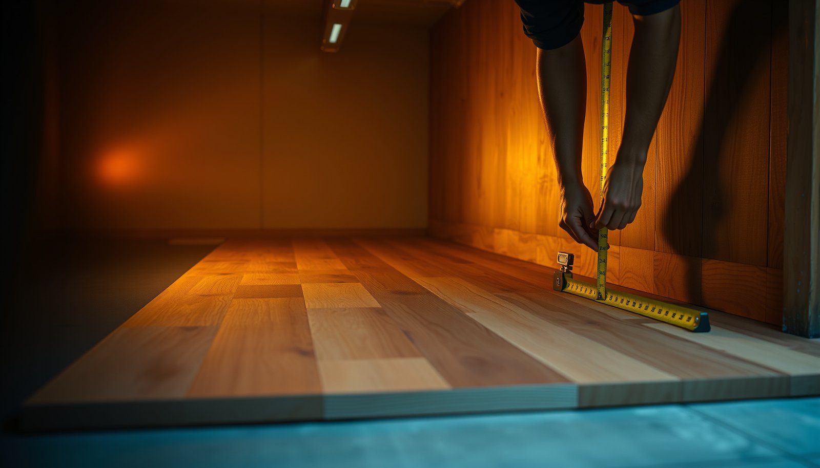 Step-by-step guide on measuring engineered wood floors for a garage installation.