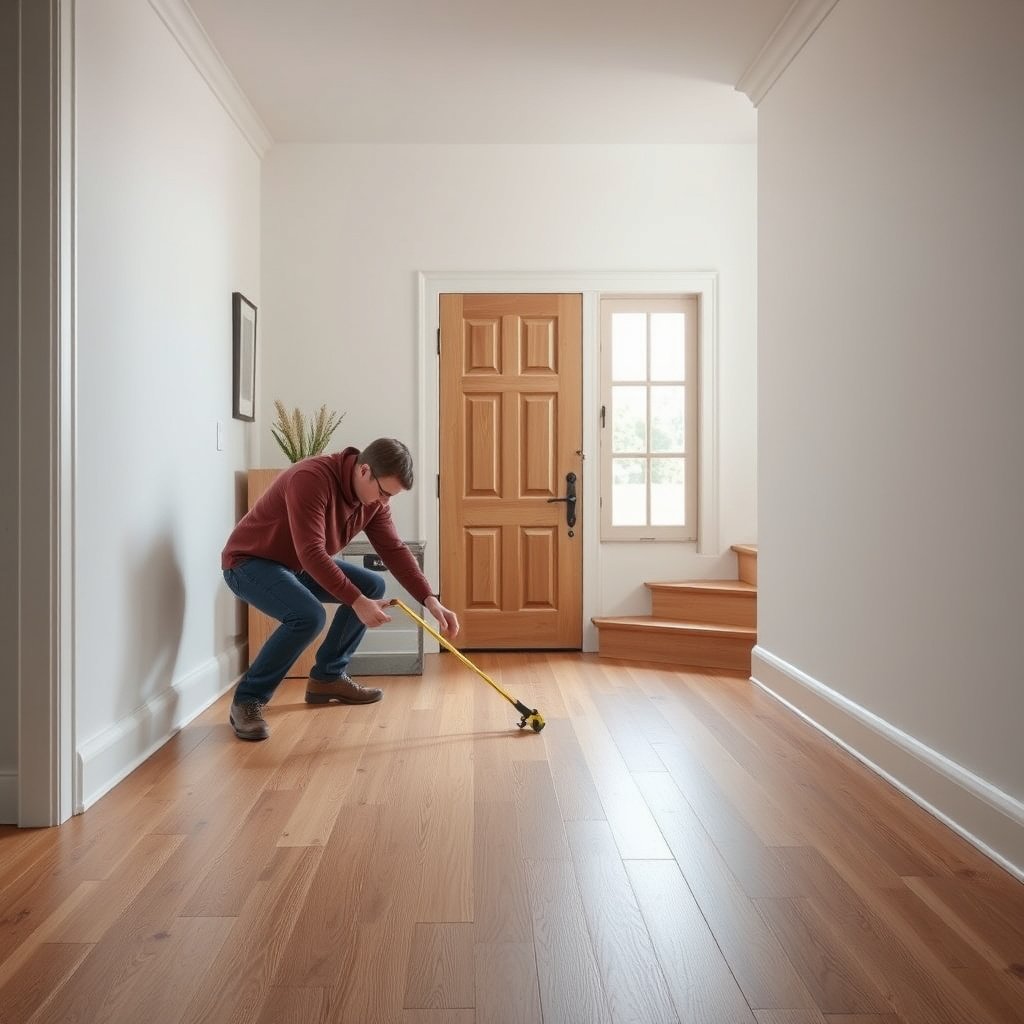Diagram showing how to measure the length, width, and shape of an entryway for engineered wood floors.