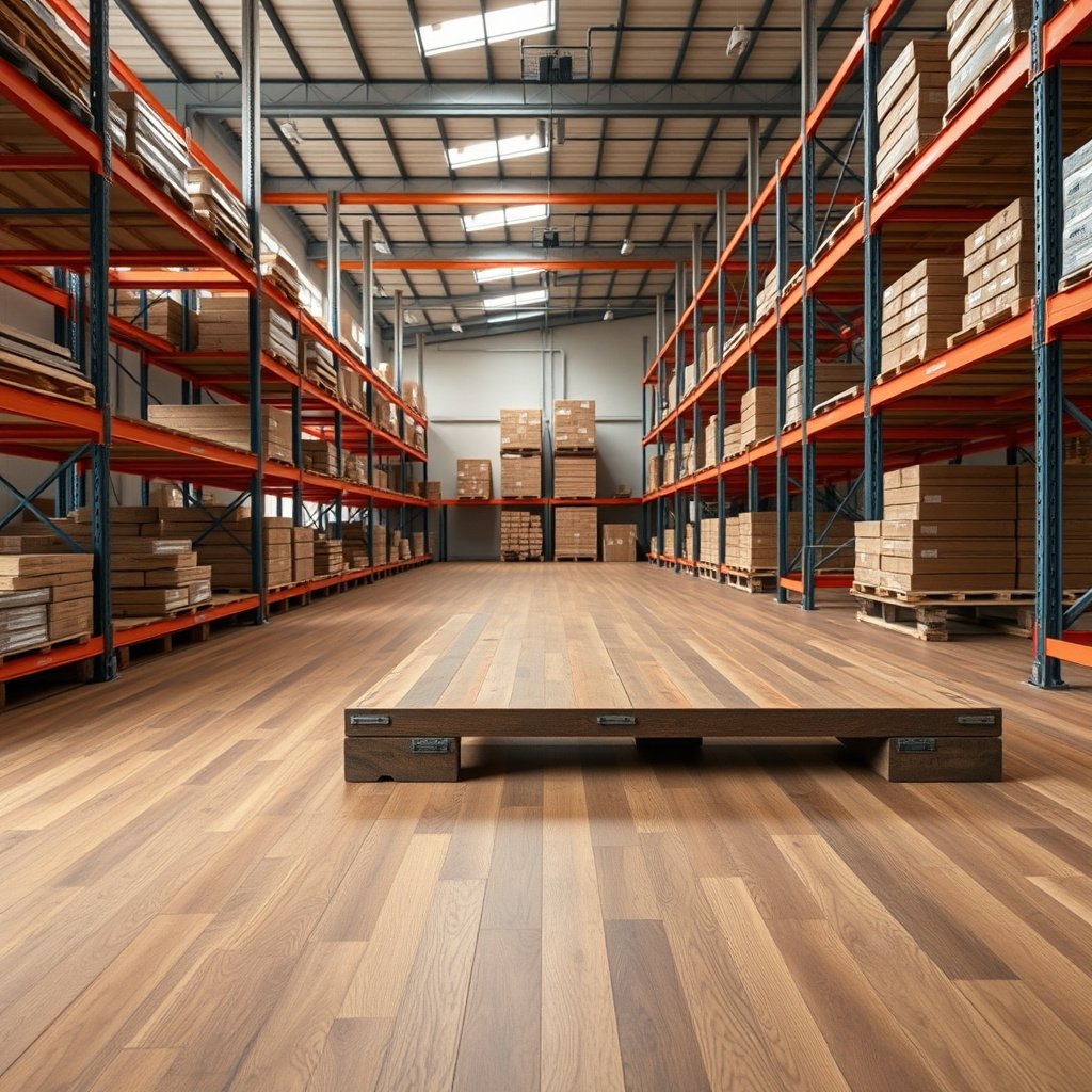 Measuring the flatness of hardwood floors before installation in a warehouse.