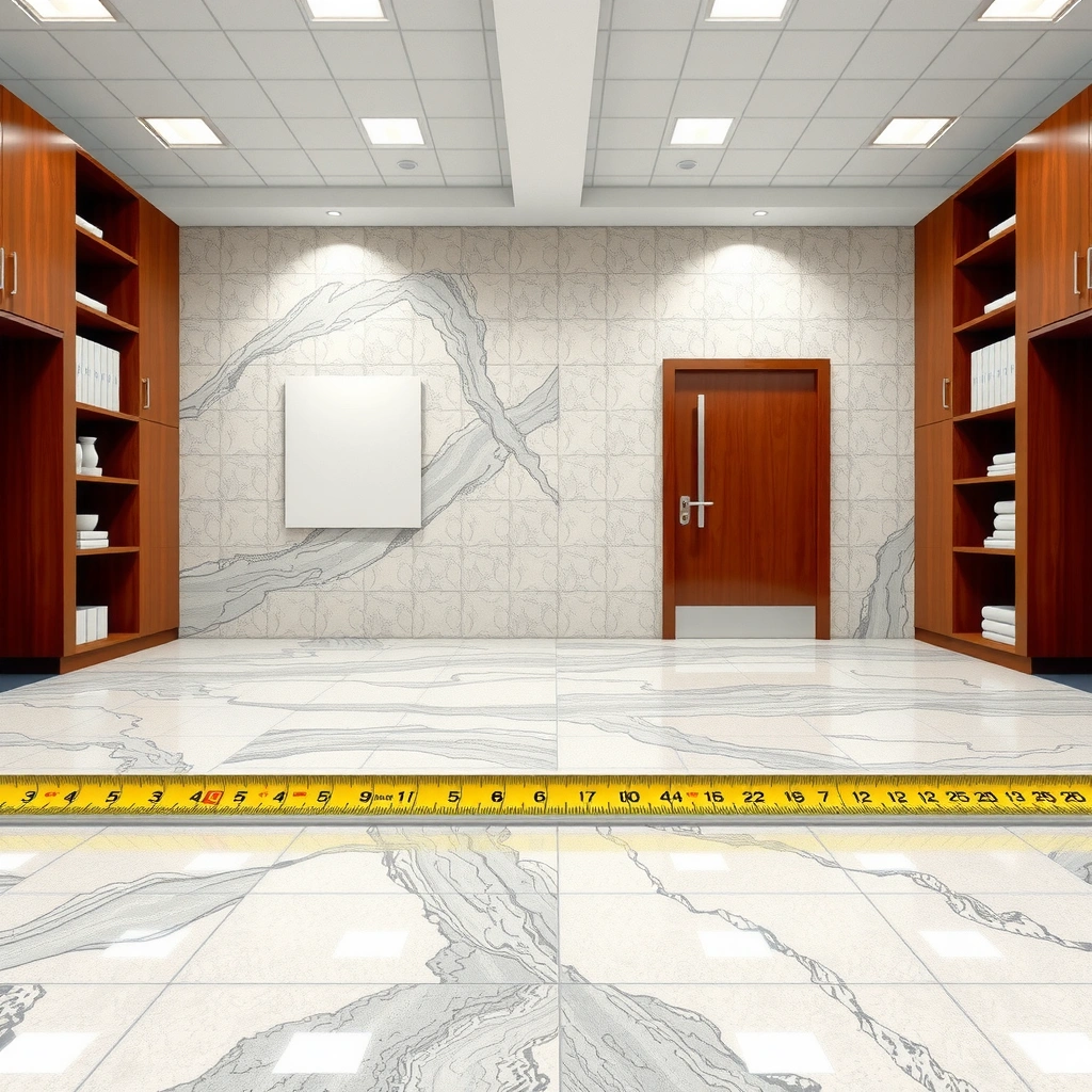 Person measuring a floor area with a tape measure for granite flooring installation.