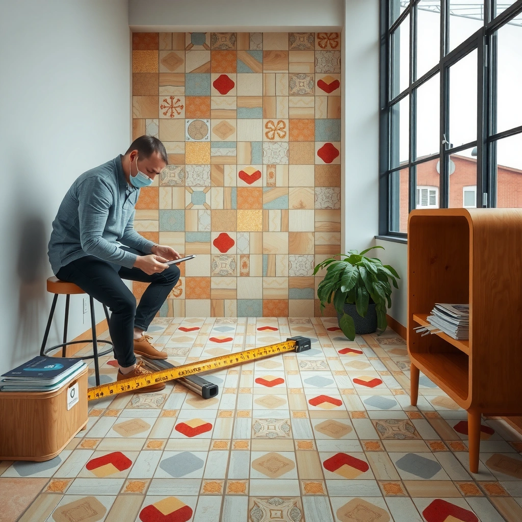 A person measuring the floor area and layout constraints for mosaic tile installation.