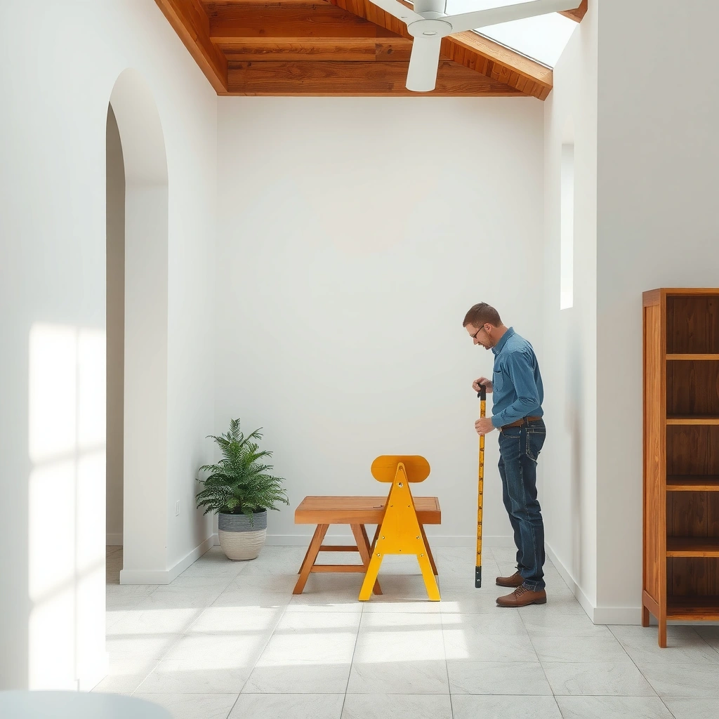 A person measuring the floor area for tile installation, ensuring all spaces are included.