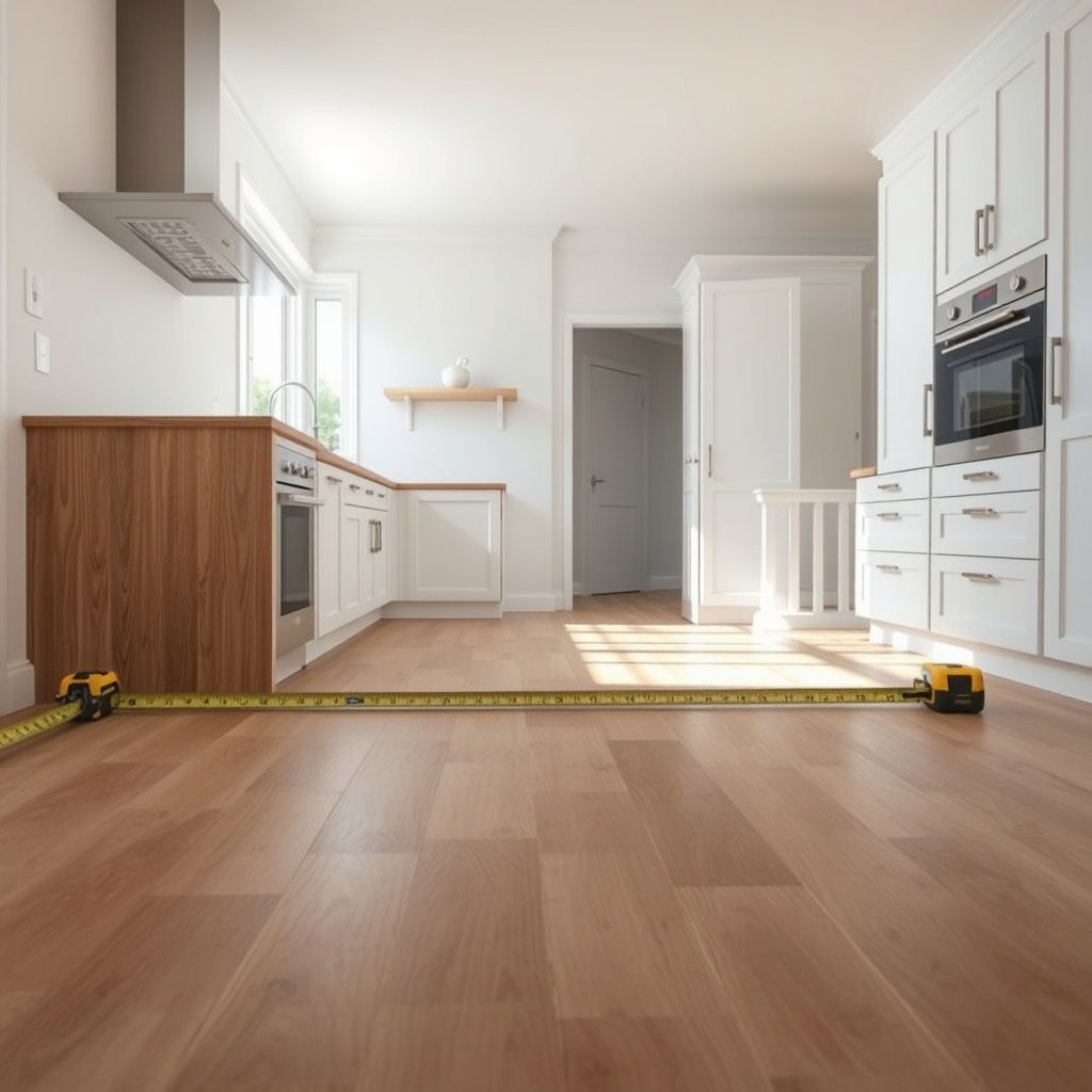 Measuring flatness of laminate floors to identify low areas before installation in the kitchen.