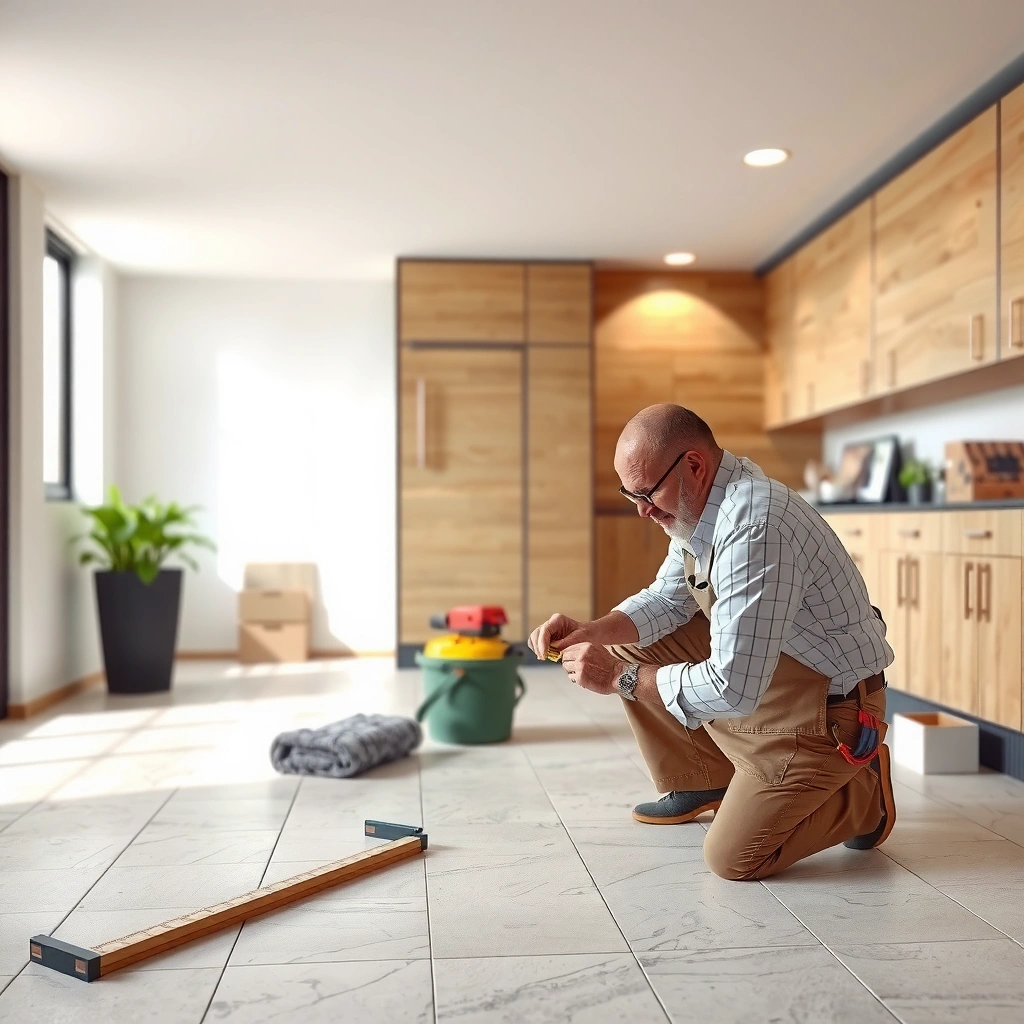 A person measuring a floor area for ceramic tile flooring installation, considering layout and dimensions.