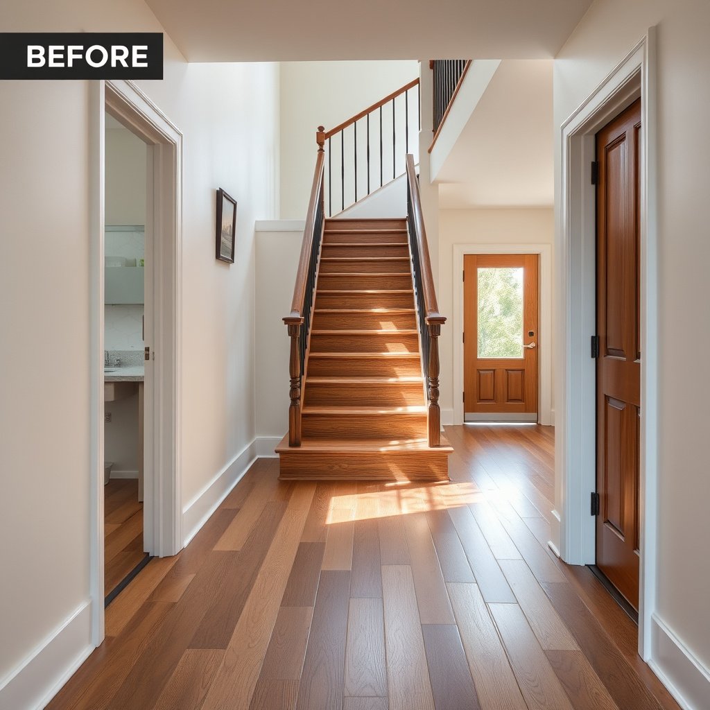 Tools and materials for measuring hardwood floors before installation in a staircase.