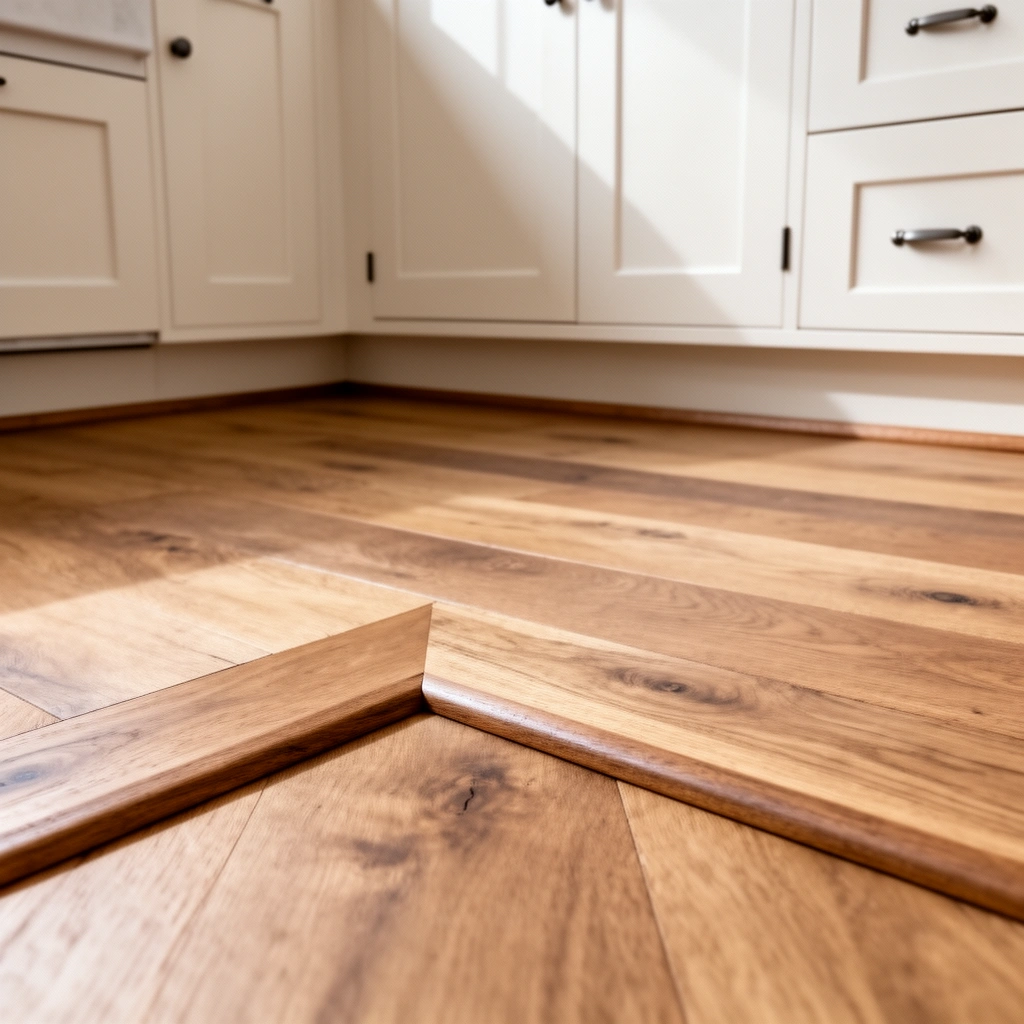 A person measuring gaps in kitchen flooring before cutting for a precise fit.