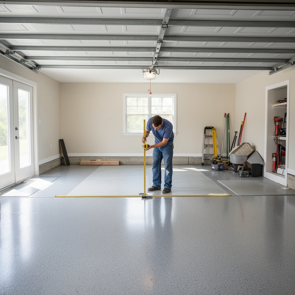 A person measuring the area of a garage floor with a tape measure and noting special geometric features.
