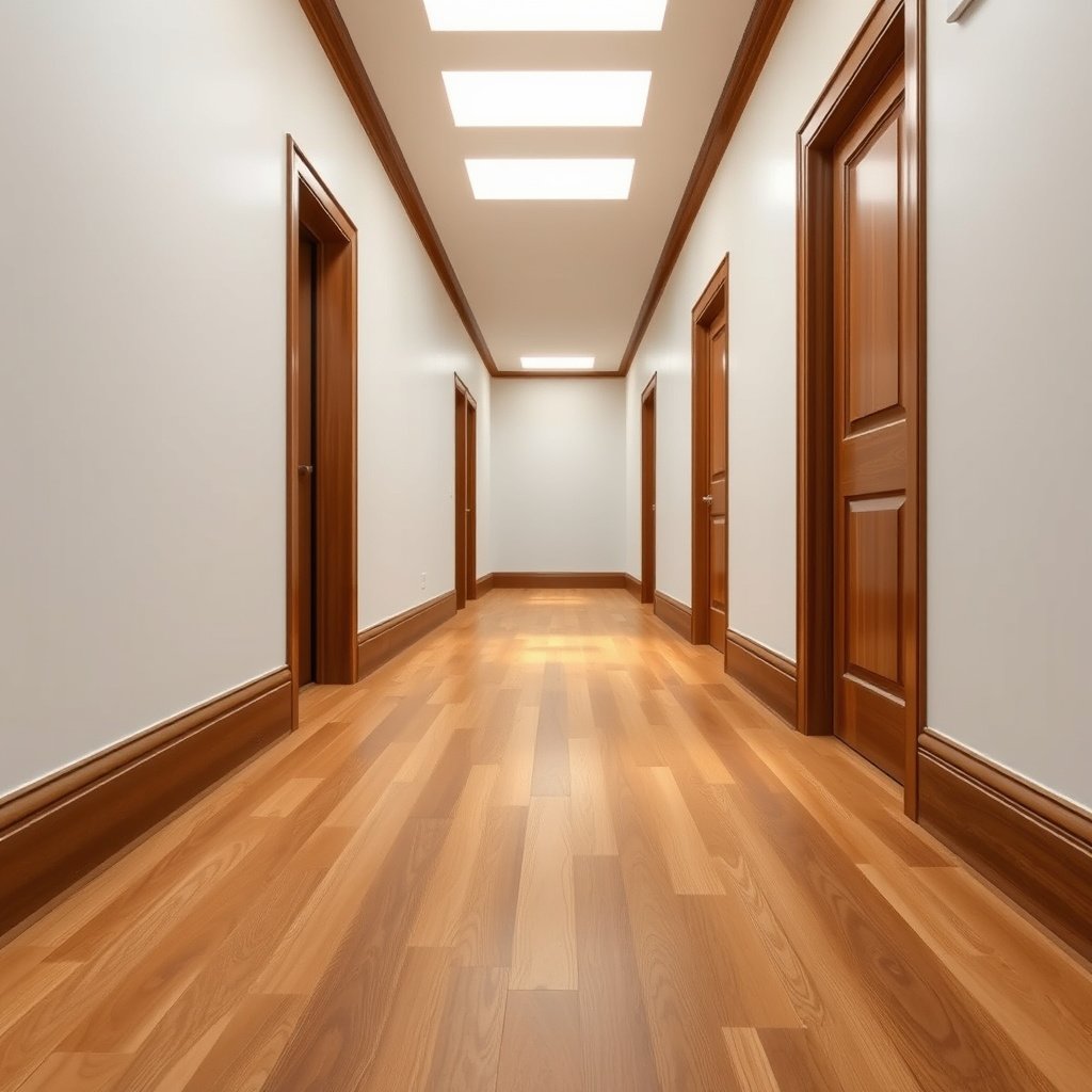 Diagram showing how to measure the hallway footprint for engineered wood floors accurately.
