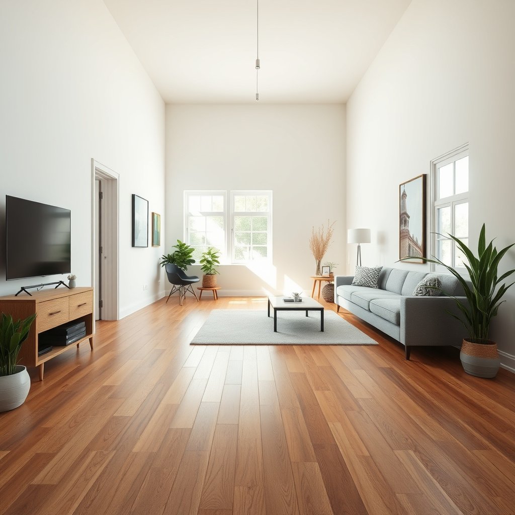 A person measuring a workshop floor for hardwood flooring installation, showcasing different flooring choices.
