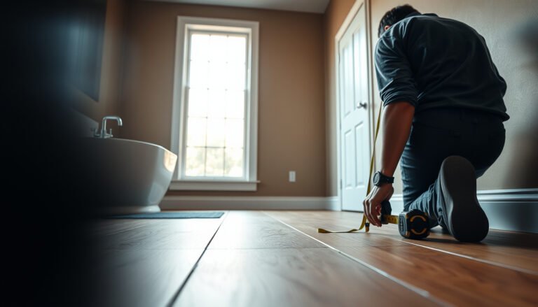Step-by-step guide on how to measure hardwood floors for a bathroom renovation.