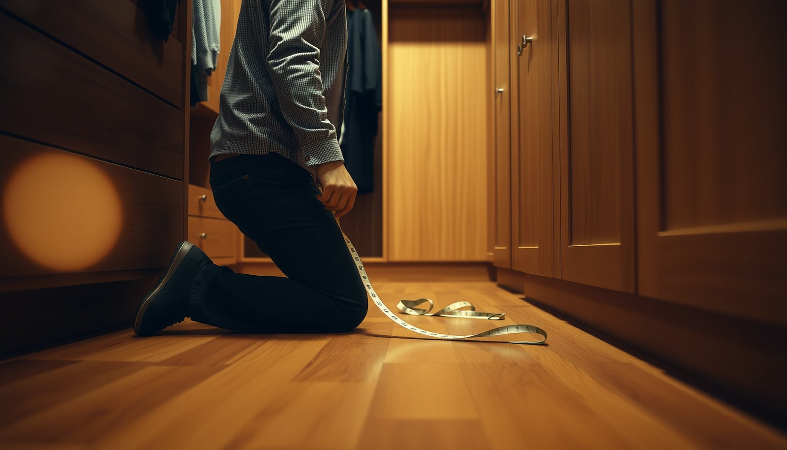 Step-by-step guide on measuring hardwood floors for closet installation.