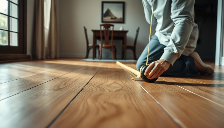 Step-by-step guide on measuring hardwood floors for a dining room setup.