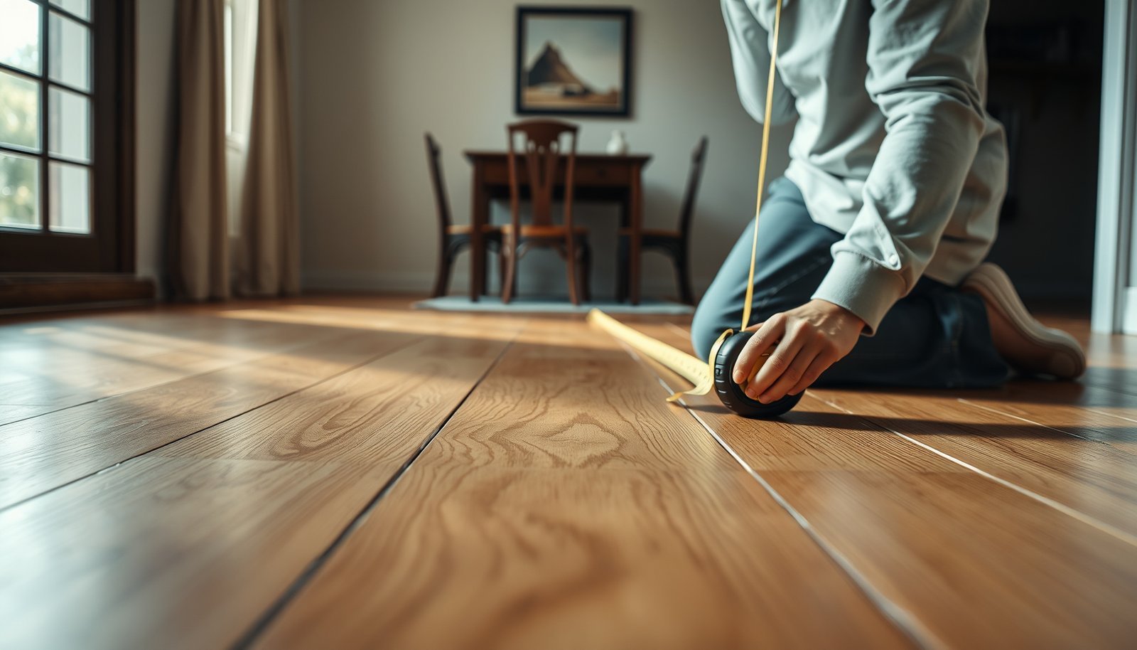 Step-by-step guide on measuring hardwood floors for a dining room setup.