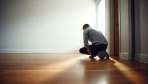 A professional measuring hardwood floors in a commercial office space with a tape measure.
