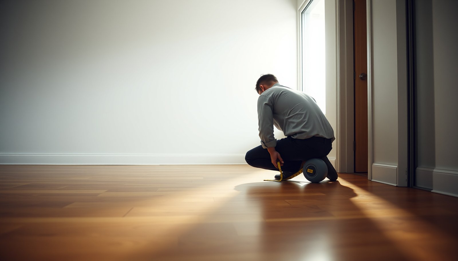 A professional measuring hardwood floors in a commercial office space with a tape measure.