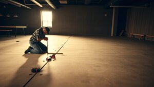 A professional measuring hardwood floors for a restaurant buildout using a tape measure.