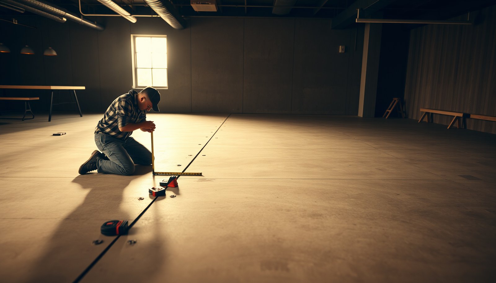 A professional measuring hardwood floors for a restaurant buildout using a tape measure.