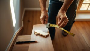 A person measuring hardwood floors for a staircase project with a tape measure.