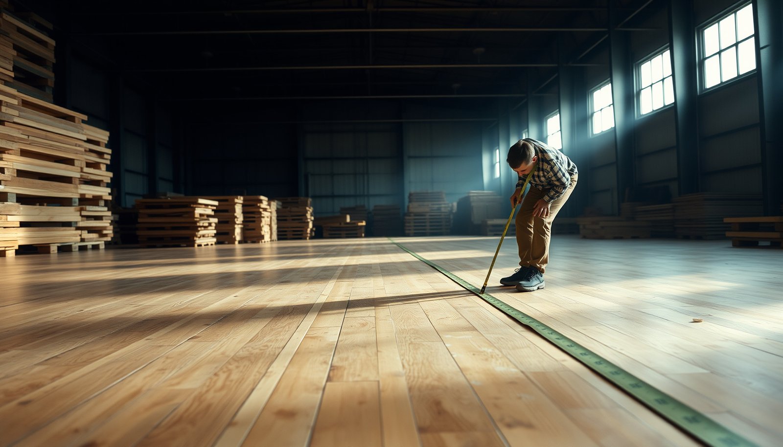 A person measuring hardwood floors in a warehouse for accurate dimensions and planning.