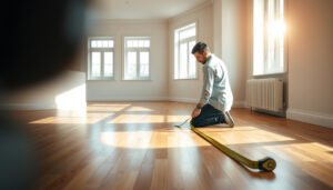 A person measuring hardwood floors in a rental property for accurate dimensions.