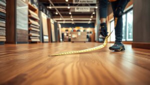 A person measuring hardwood floors in a retail store for accurate installation and sales.