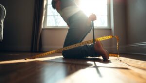 A person measuring hardwood floors in a living room for accurate installation.