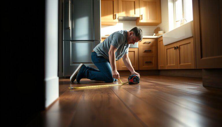 A person measuring hardwood floors in a kitchen with a tape measure and calculator.