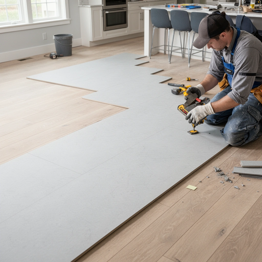 Measuring the kitchen floor area while noting obstacles for material calculation.