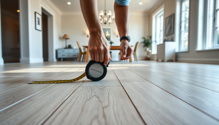 A person measuring laminate flooring in a dining room for accurate installation.