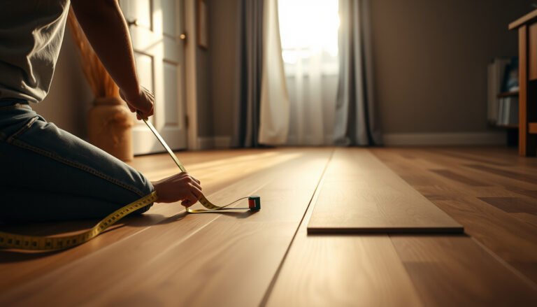 A person measuring laminate floors in a living room with a tape measure and a notepad.