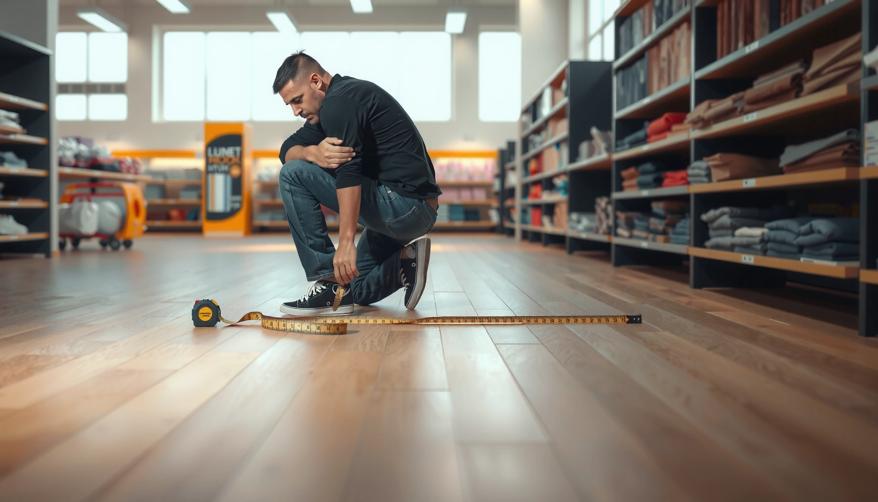 A person measuring laminate flooring in a retail store for accurate installation.