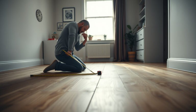 A person measuring laminate flooring in a home office for accurate installation.