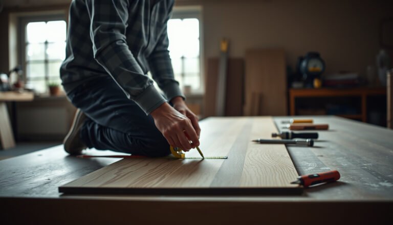 A person measuring laminate floors in a workshop setting with a tape measure.
