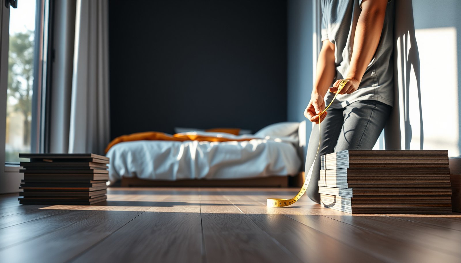 Step-by-step guide on how to measure laminate floors for a bedroom renovation project.
