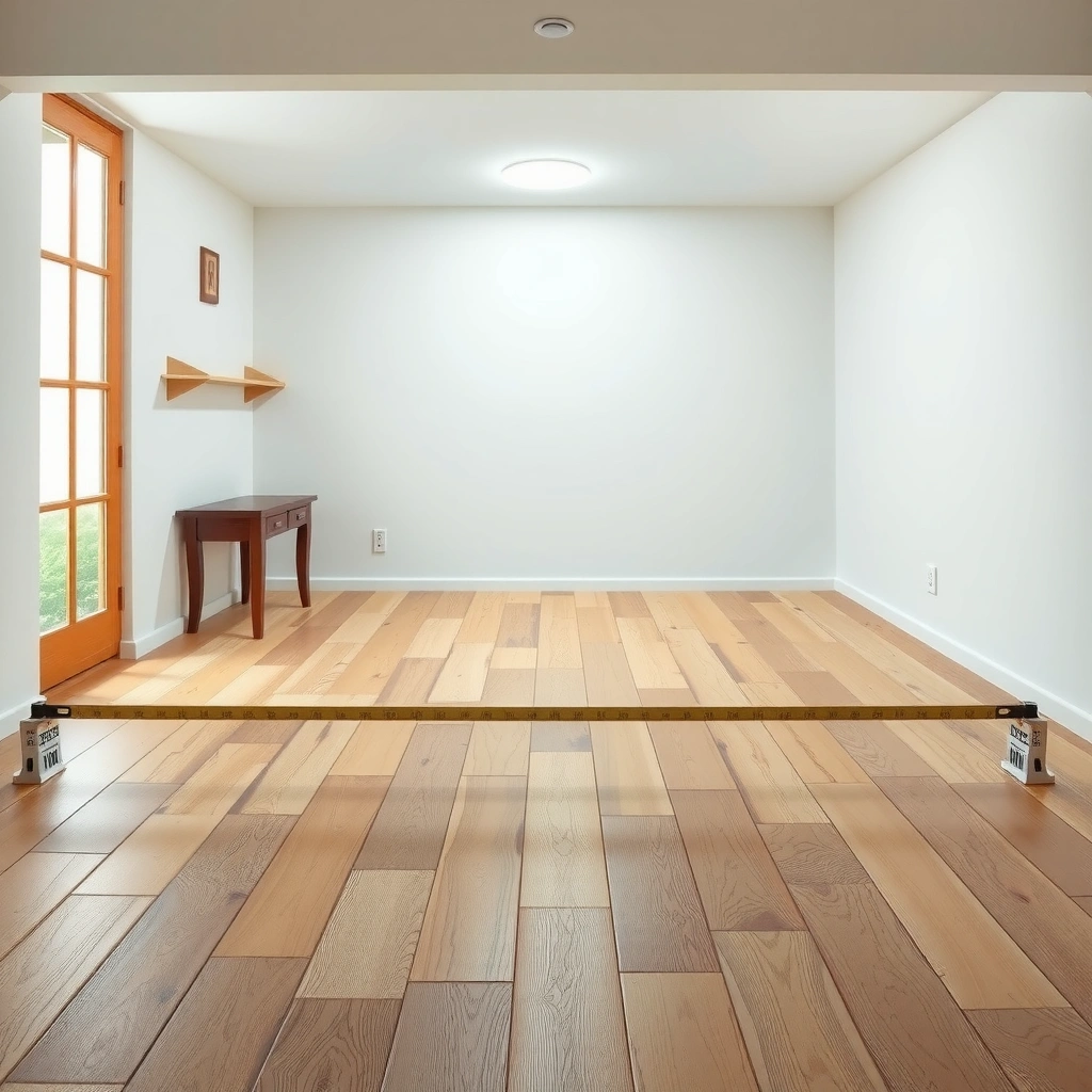 A person measuring the length and width of a room for engineered wood flooring installation.