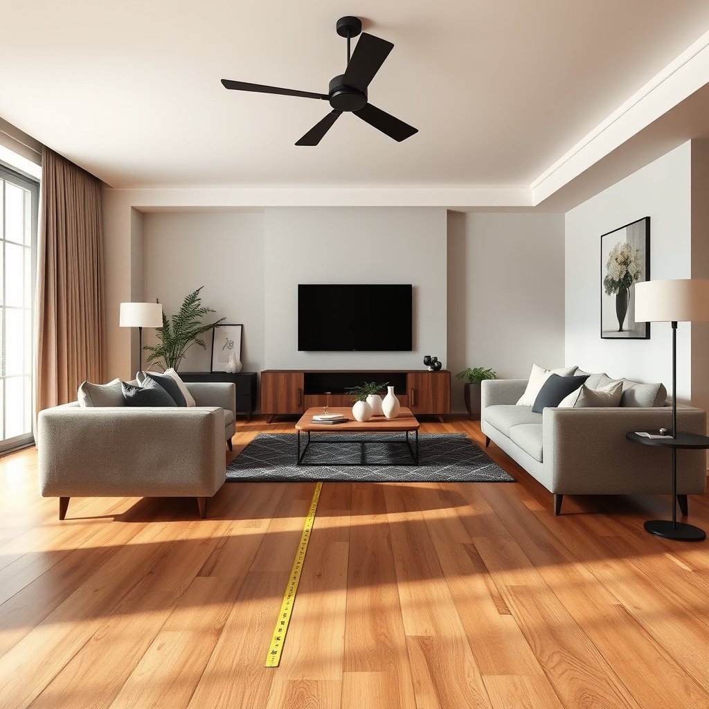 Measuring tape on laminate floor showing length and width of living room area for accurate measurement