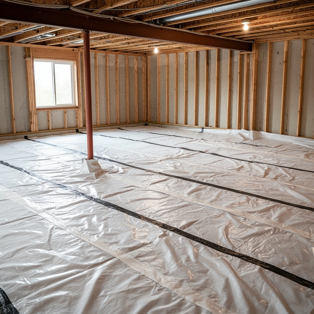 Measuring moisture levels in basement before installing vapor barrier for effective moisture control.
